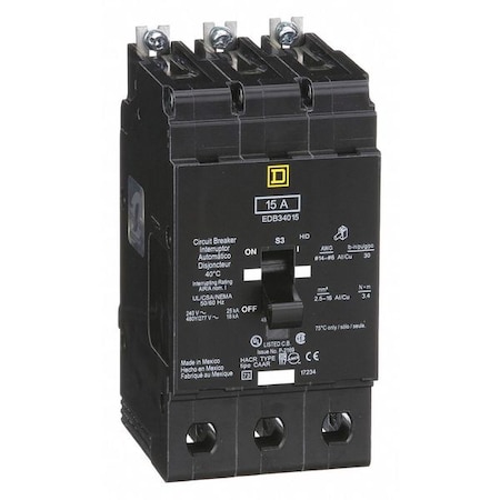 Square D Miniature Circuit Breaker, E FRAME Series, 15A, 3 Pole, 277/480V AC, 25kA at 120V AC EDB34015