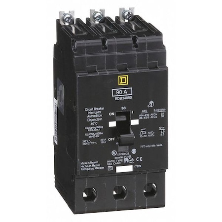 Square D Miniature Circuit Breaker, E FRAME Series, 90A, 3 Pole, 277/480V AC, 25kA at 120V AC EDB34090