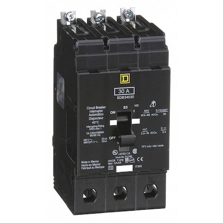 Square D Miniature Circuit Breaker, E FRAME Series, 30A, 3 Pole, 277/480V AC, 25kA at 120V AC EDB34030