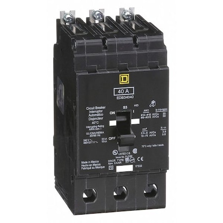 Square D Miniature Circuit Breaker, E FRAME Series, 40A, 3 Pole, 277/480V AC, 25kA at 120V AC EDB34040
