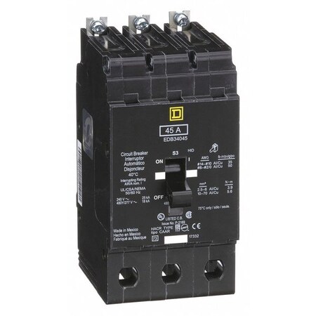Square D Miniature Circuit Breaker, E FRAME Series, 45A, 3 Pole, 277/480V AC, 25kA at 120V AC EDB34045