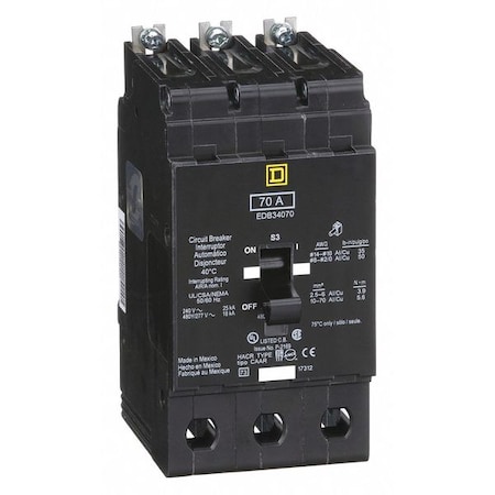 Square D Miniature Circuit Breaker, E FRAME Series, 70A, 3 Pole, 277/480V AC, 25kA at 120V AC EDB34070