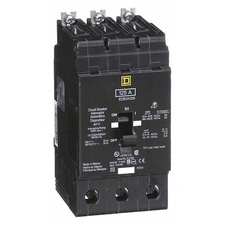 Square D Miniature Circuit Breaker, E FRAME Series, 125A, 3 Pole, 277/480V AC, 25kA at 120V AC EDB34125