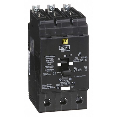 Square D Miniature Circuit Breaker, E FRAME Series, 50A, 3 Pole, 277/480V AC, 65kA at 120V AC EGB34050