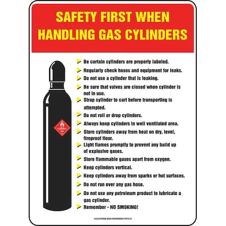 Accuform Safety Poster, Safety First When Handling Gas Cylinders, 22 in H x, 17 in W, Plastic SP124489L