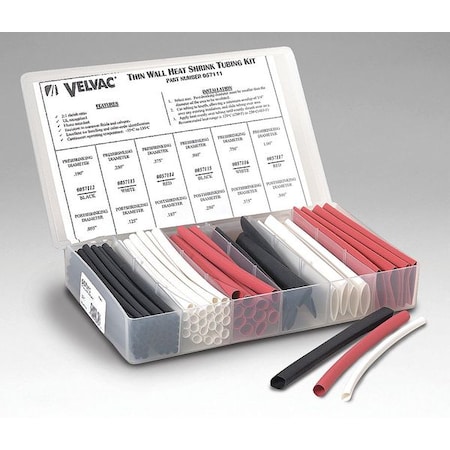 Velvac Heat Shrink Tube Kit, Thin Wall, 2:1 I.D. Shrink Ratio, Black, Red, White, 6 in 3ULU8