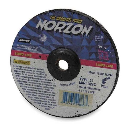 NORTON ABRASIVES Depressed Center Wheels, Type 27, 4 in Dia, 0.125 in Thick, 5/8 in Arbor Hole Size, Ceramic 66252842005