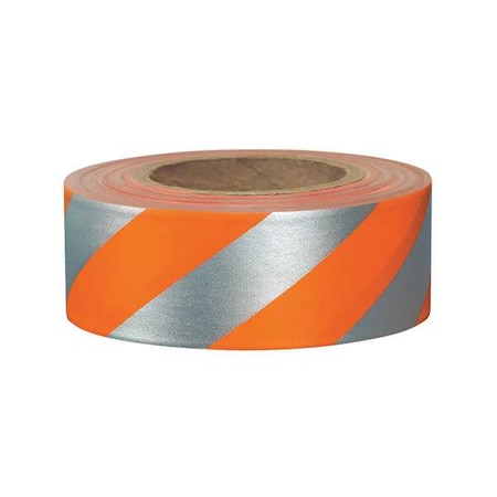 Zoro Select Flagging Tape, No Legend, Fluorescent Orange/Silver, 1 3/16 in Wide x 150 ft Length, Vinyl, 2.5 mil SOGREF-200
