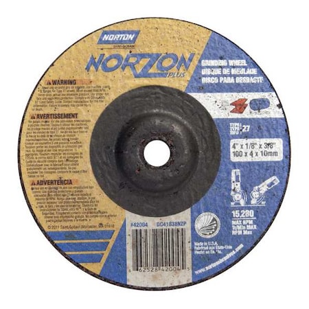 Norton Abrasives Cut-Off & Grinding Wheel, Type 27, 4 in Dia, 0.125 in Thick, 3/8 in Arbor Hole Size, Ceramic 66252842004