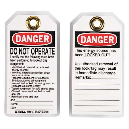 Brady Danger Tag, Polyester, 5 1/2 in H x 3 in W, Rectangle, 25 PK 65515