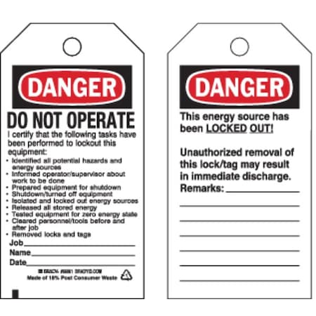 Brady Danger Tag, 5-3/4 x 3 In, OSHA, Met, PK25, 66061 66061