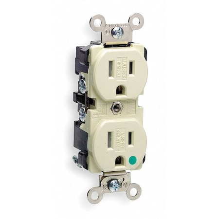 Leviton Straight Blade Receptacle, 5-15R, 15 A, 125V AC, 2 Pole, 3 Wire, Flush Mount, Single, Ivory 8200-SGI