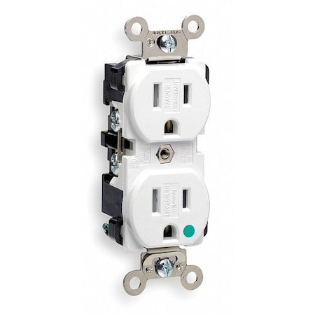 Leviton Straight Blade Receptacle, 5-15R, 15 A, 125V AC, 2 Pole, 3 Wire, Flush Mount, Single, White 8200-SGW