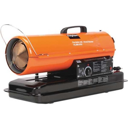 Dayton Portable Oil and Kerosene Torpedo Heater, 75,000 BtuH, 265 cfm, 1,700 sq ft Heat Area 5 gal 3VE49