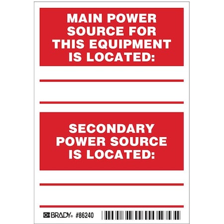 Brady Machine/Equipment Label, English, PK5, 86240 86240