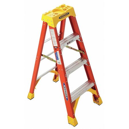 WERNER Fiberglass Stepladder, 4 ft Ladder Ht, 3 Steps, 300 lb, 29 in Base Spread, 19 3/8 in Bottom W 6204