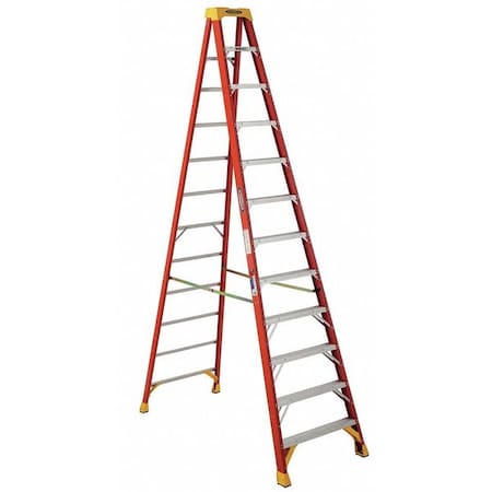 Werner Fiberglass Stepladder, 12 ft Ladder Ht, 11 Steps, 300 lb, 78 1/4 in Base Spread, 33 7/8 in Bottom W 6212