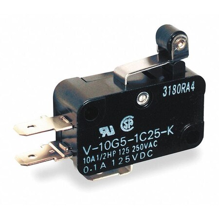 Omron Miniature Snap Action Switch, Hinge Roller, Lever Actuator, SPDT, 10A @ 240V AC Contact Rating V-10G5-1C25-K
