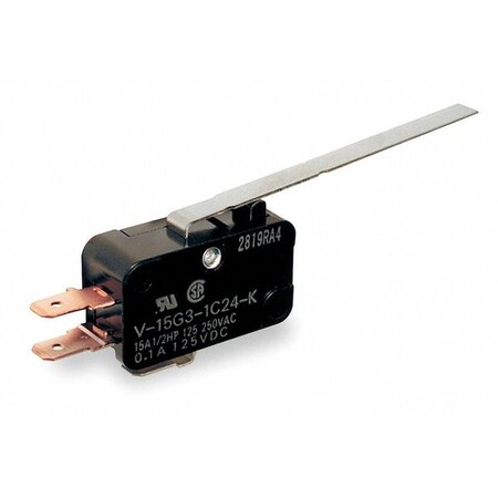Omron Miniature Snap Action Switch, Hinge, Lever, Long Actuator, SPDT, 15A @ 240V AC Contact Rating V-15G3-1C24-K