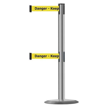 Tensabarrier Barrier Post with Belt, 7 1/2 ft Length, 38 in Post Height, Danger Keep Out 889T2U-3P-3P-STD-NO-YDX-C