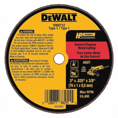 Dewalt Abrasive Cut-Off Wheel, Type 1, 3 in Dia, 0.035 in Thick, 3/8 in Arbor Hole Size, Aluminum Oxide DW8712