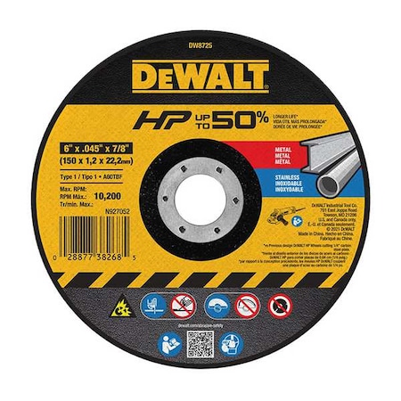 Dewalt Abrasive Cut-Off Wheel, Type 1, 6 in Dia, 0.045 in Thick, 7/8 in Arbor Hole Size, Aluminum Oxide DW8725