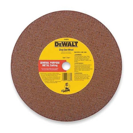 Dewalt Abrasive Cut-Off Wheel, Type 1, 12 in Dia, 0.125 in Thick, 1 in Arbor Hole Size, Aluminum Oxide DW8022