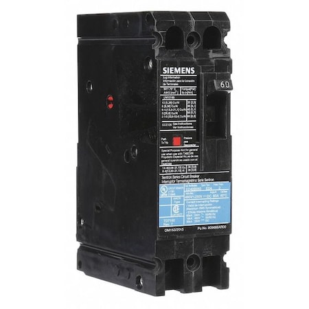Siemens Molded Case Circuit Breaker, ED4 Series, 60A, 2 Pole, 480V AC, 18kA at 480V AC ED42B060