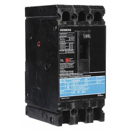 Siemens Molded Case Circuit Breaker, ED4 Series, 60A, 3 Pole, 480V AC, 18kA at 480V AC ED43B060