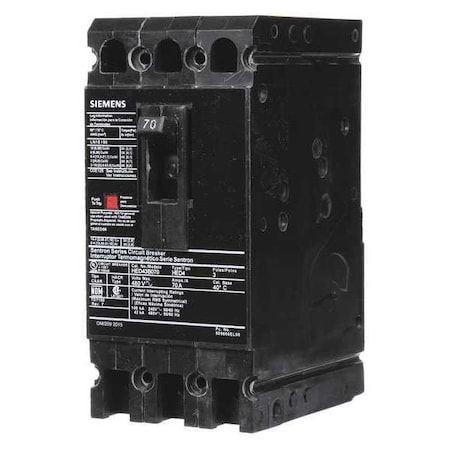 Siemens Molded Case Circuit Breaker, HED4 Series, 70A, 3 Pole, 480V AC, 42kA at 480V AC HED43B070
