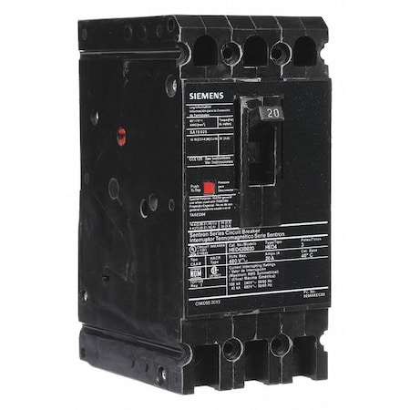 Siemens Molded Case Circuit Breaker, HED4 Series, 20A, 3 Pole, 480V AC, 42kA at 480V AC HED43B020