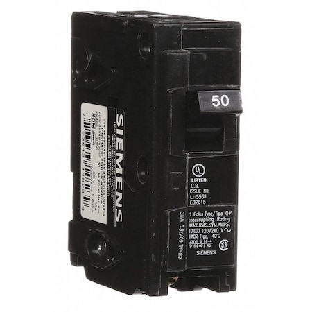 Siemens Miniature Circuit Breaker, Q Series, 50A, 1 Pole, 120V AC, 10kA at 120V AC Q150