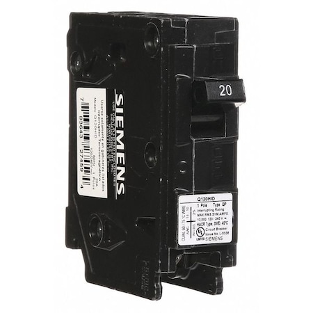 Siemens Miniature Circuit Breaker, Q Series, 20A, 1 Pole, 120V AC, 10kA at 120V AC Q120HID