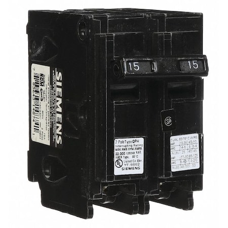 Siemens Miniature Circuit Breaker, Q Series, 15A, 2 Pole, 120/240V AC, 10kA at 120V AC Q215
