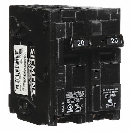 SIEMENS Miniature Circuit Breaker, Q Series 20A, 2 Pole, 120/240V AC Q220