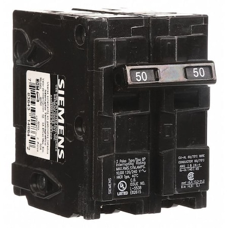 Siemens Miniature Circuit Breaker, Q Series, 50A, 2 Pole, 120/240V AC, 10kA at 120V AC Q250