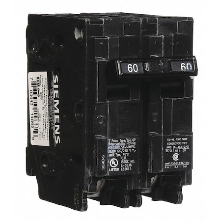 Siemens Miniature Circuit Breaker, Q Series, 60A, 2 Pole, 120/240V AC, 10kA at 120V AC Q260