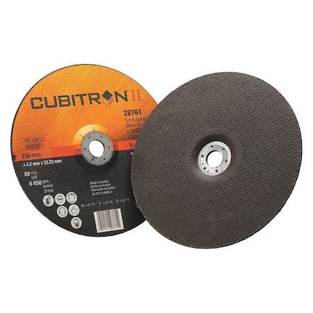 3M Cubitron Cut-Off & Grinding Wheel, Type 27, 9 in Dia, 0.125 in Thick, 7/8 in Arbor Hole Size, Ceramic 60440240889