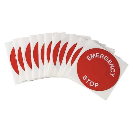 Brady Emergency Stop Legend Plate Label, 30mm, White on Red, THTEP-197-593RD, PK25 THTEP-197-593RD