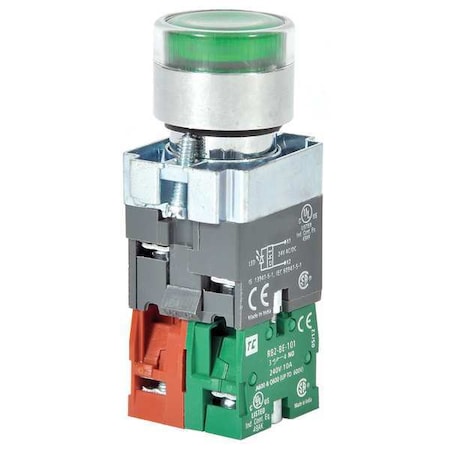 Dayton Illuminated Push Button, 22 mm, 1NO/1NC, Green 30G201
