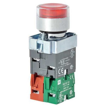 Dayton Illuminated Push Button, 22 mm, 1NO/1NC, Red 30G202