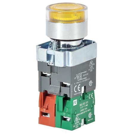 Dayton Illuminated Push Button, 22 mm, 1NO/1NC, Yellow 30G203