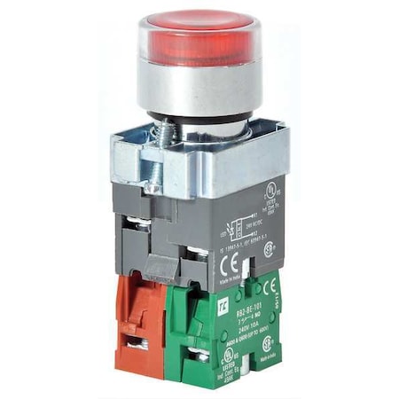 Dayton Illuminated Push Button, 22 mm, 1NO/1NC, Red 30G206