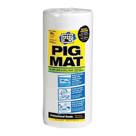 Pig Sorbent Roll, 3 gal, 15 in x 2 1/2 ft, Oil, White, Polypropylene 26201