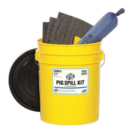 Pig Spill Kit, 4 gal Volume Absorbed per Kit, 5 gal Capacity, Bucket, Yellow, 19 45301