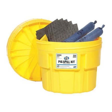 Pig Spill Kit, 15 gal Volume Absorbed per Kit, 20 gal Capacity, Drum, Yellow, 71 45305