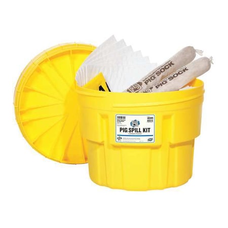Pig Spill Kit, 16 gal Volume Absorbed per Kit, 20 gal Capacity, Drum, Yellow, 71 46305