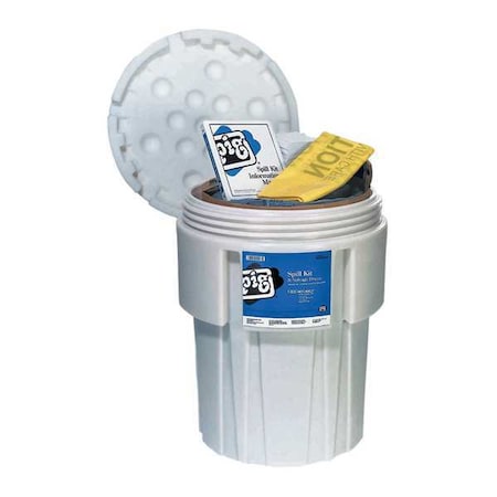 Pig Spill Kit, 39 gal Volume Absorbed per Kit, 65 gal Capacity, Drum, White, 136 KIT243