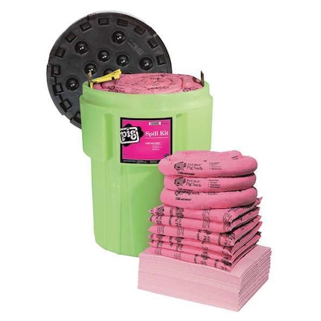Pig Spill Kit, 63 gal Volume Absorbed per Kit, 95 gal Capacity, Drum, Green, 120 KIT362