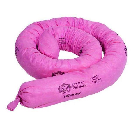 Pig Sorbent Sock, 18 gal, 5 in x 10 ft, Acids, Bases, Unknowns, Pink, 2 PK HA1010